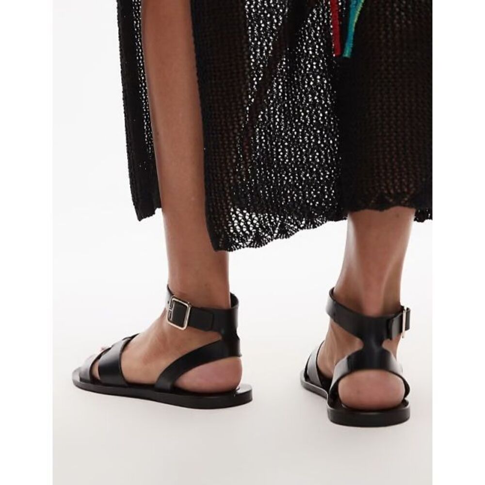 MNG by Mango Leather Gladiator Flat Sandals black Buckle Strap 39 8.5-9 NEW - Picture 5 of 12